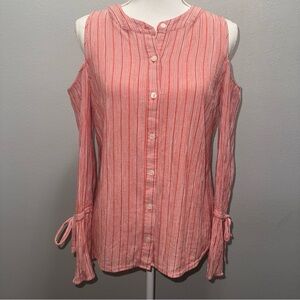 Michael Kors Button Blouse‎ Womens Med Orange White Stripped Cold Shoulder Shirt